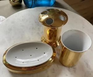 VTG 18K Gold Fine China 3PC Bath Set: Soap Dish | Cup | Toothbrush Holder - Picture 1 of 8