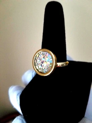 Кольцо друза; белое AB друзы 12 мм в 18 карат GP из нержавеющей стали см. видео! - Изображение 1 из 4