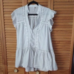 Free People Baby Blues Cream Ruffle Cap Sleeves Stripes Lace Baby Doll Tunic S - Picture 1 of 8
