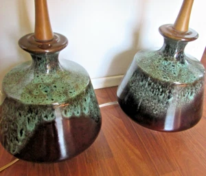 Vintage Ceramic 2 Table Lamps Mid Century Modern MCM Drip Glaze Pair of Lamps - Picture 1 of 13