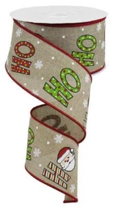 5 Yds. CHRISTMAS TAN HO HO Santa WIRED LINEN BURLAP RIBBON rb - Picture 1 of 2