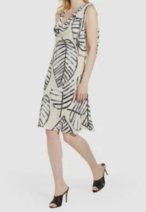$329 Nic+Zoe Women's Beige Etched Leaves Printed Cowl Neck Tie Dress Size 4 - Picture 1 of 2