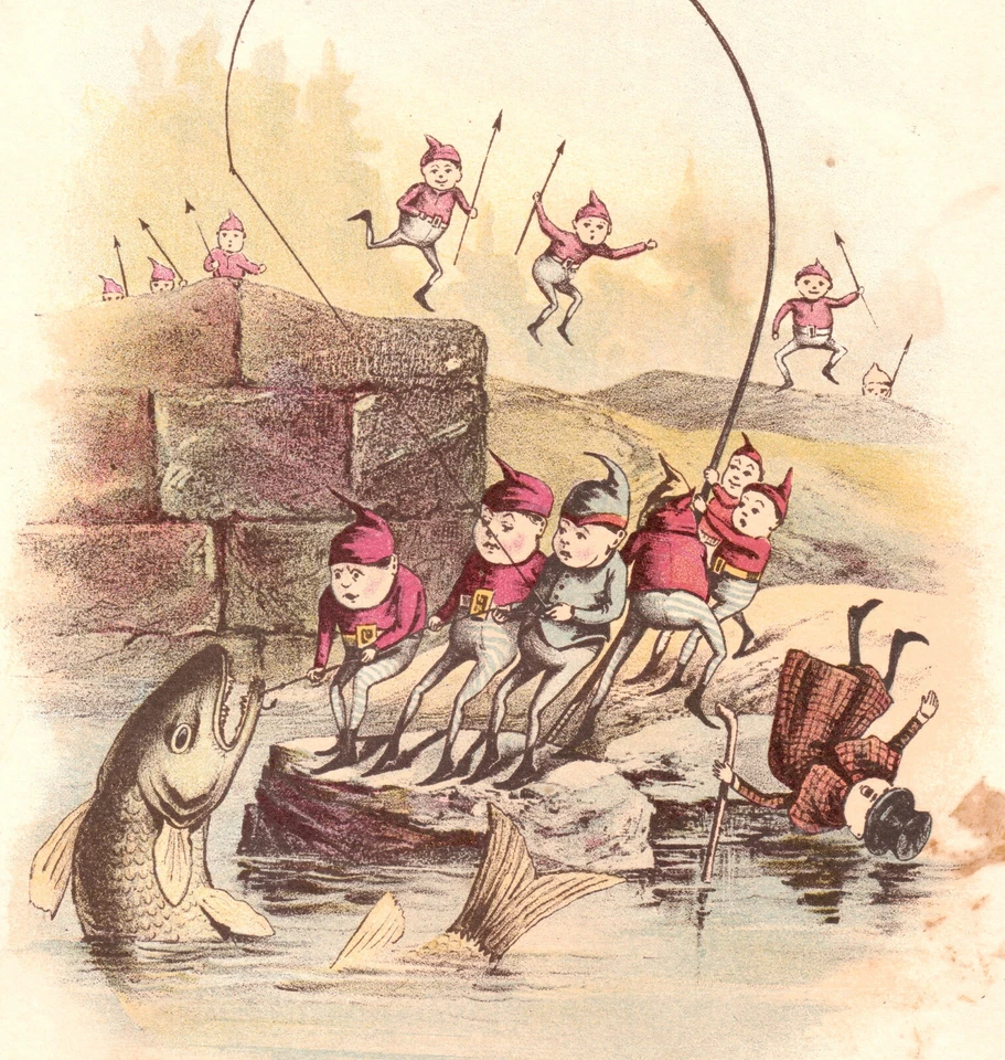 Antiqe Brownies 1800's BIG 5.5 x 7.5 Victorian Trade Card SR.Sport Fish Fantasy - Imagem 1 de 4