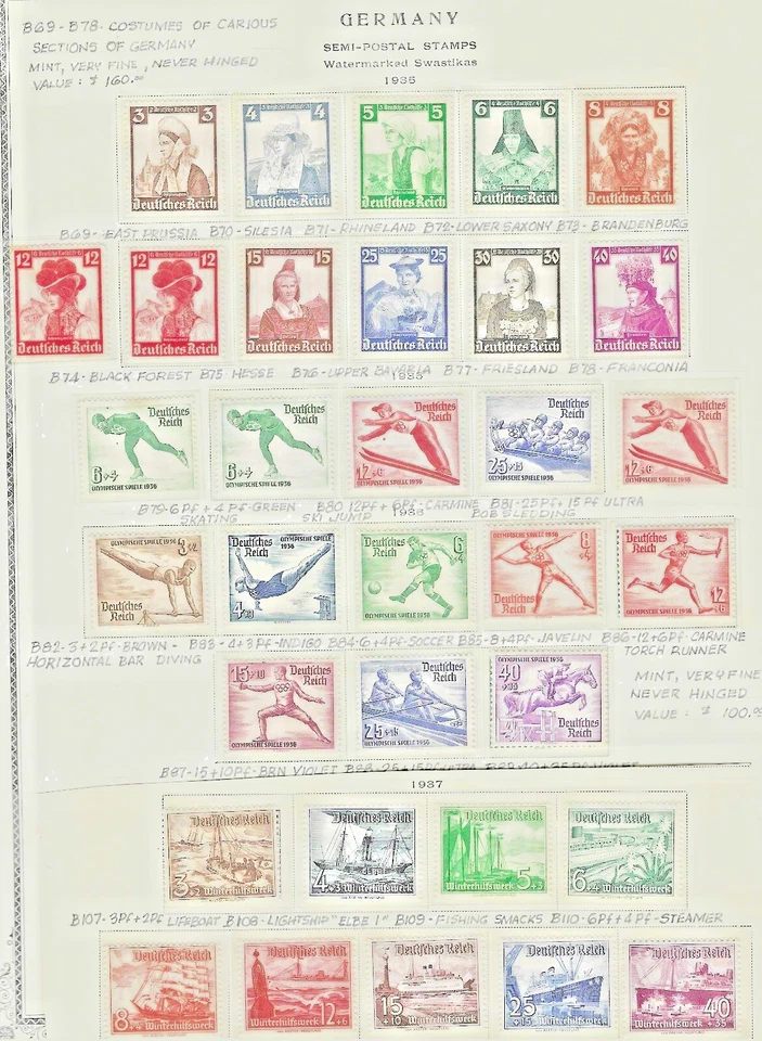 GERMANY 1935-1937 SEMI POSTALS 4 COMPLETE MINT SETS SC. B69-B89 B107-B115 L.H. - Image 1 of 1