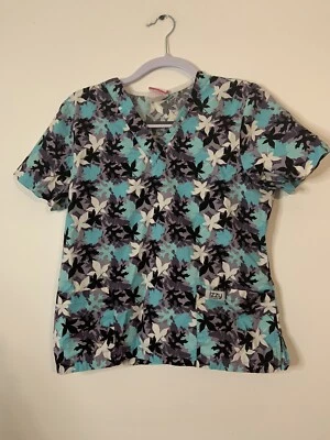 Izzy Scrubs Scrub Top Medical Uniform Small Blue Black Leaves V Neck - Image 1 of 4