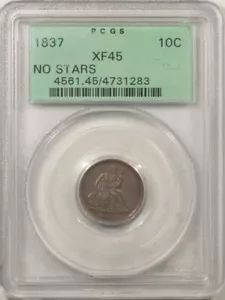 1837 SEATED LIBERTY DIME, NO STARS - PCGS XF-45, OLD GREEN HOLDER, PRETTY & PQ! - Picture 1 of 3