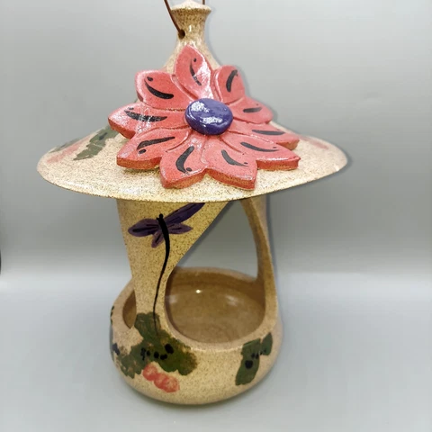 Vintage stoneware Pottery Birdhouse Plant Holder lantern Flower dragon fly pink Cover