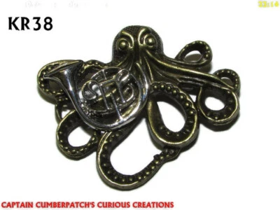steampunk brooch badge pin bronze kraken octopus silver french horn jazz #KR38 - Image 1 of 4