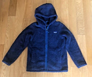Patagonia Hooded Kids Navy Blue Fluffy Fleece Zip Jacket Size L 12 with Pockets - Picture 1 of 7
