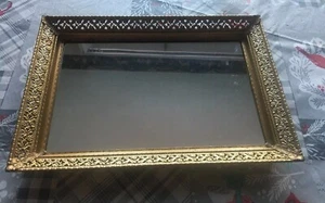 Vintage Gold Tone Reticulated Rectangle Ormolu Mirror Dresser Tray - Picture 1 of 10