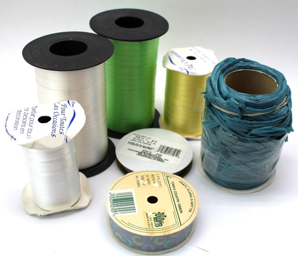 Lot of Curly Ribbon White Green Yellow Raffia Paper New Navy Blue Cloth Ribbon - Image 1 of 4