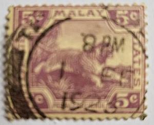 Malaya VINTAGE 1923, 5 Cent "TIGER", Used VG Cond. Special "1923" Postmark, WOW! - Picture 1 of 3