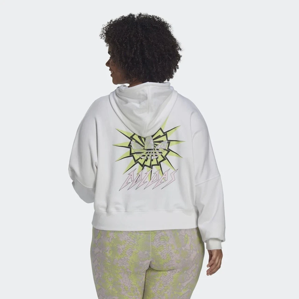 Adidas Cropped Hoody Graphic Back Sweatshirt Womens Plus Size 1X White HT6918