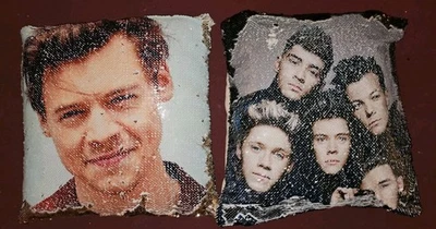 HARRY STYLES & One Direction Reversable Sequin Gold Black Pillows 14" x 14" Lot  - Image 1 of 4