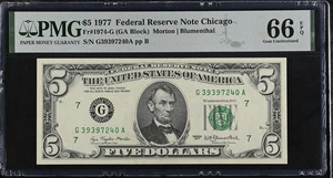 1977 $5 Federal Reserve Note Fr-1974-G Chicago PMG66 Gem EPQ - Picture 1 of 2