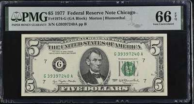 1977 $5 Federal Reserve Note Fr-1974-G Chicago PMG66 Gem EPQ - Image 1 of 2