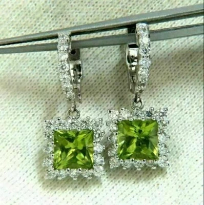 2Ct Princess Lab Created Peridot Women's Dangle Earring 14K White Gold Plated - Image 1 of 4