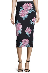 ELIZABETH & JAMES Sz 4 Darci Black Floral Ponte Knit Midi Pencil Skirt BRAND NEW - Picture 1 of 5