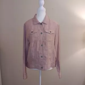 Jones New York Women Trucker Jacket L 100% Linen Pink European Grown Flax - Picture 1 of 20