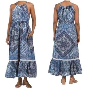 LUCKY BRAND Blue Bandana Print Halter Flounce Ruffle Hem Tie Belted Dress S 4/6 - Picture 1 of 4