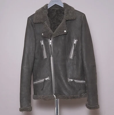 ALL SAINTS Shearling Leather Jacket Mens SMALL Biker Sheepskin S Brute Grail - Image 1 of 4