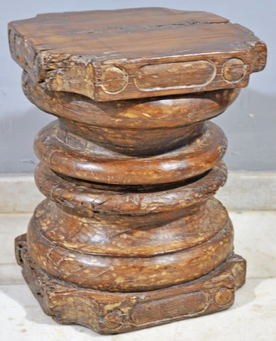 Antique Wooden Heavy Pillar Base Small Stool Side Table Original Old Hand Carved Cover
