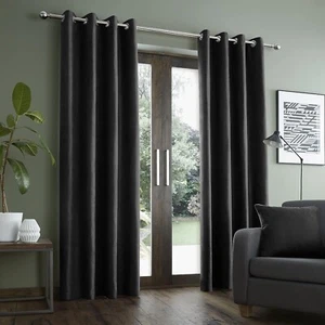 Catherine Lansfield Faux Suede Curtains Fully Lined Eyelet Ring Top 66x72" Black - Picture 1 of 3
