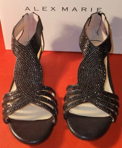 ALEX MARIE MERSALO DRESSY ZIP BACK SANDALS SHOES Sz 6.5 BLACK RHINESTONE WEDGES - Picture 1 of 9