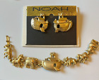 1977 AJC ton or bijoux Arche de Noé bracelet et boucles d'oreilles percées assorties
