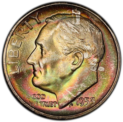 MS66+ 1953-S 10C Roosevelt Silver Dime, PCGS Secure- Rainbow Tab Toned Cover