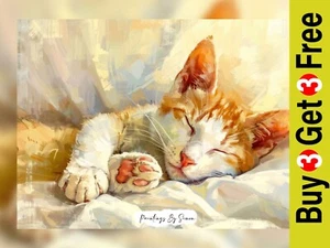 Adorable Sleeping Cat, Impasto Painting Print 5"x7" on Matte Paper - Picture 1 of 7