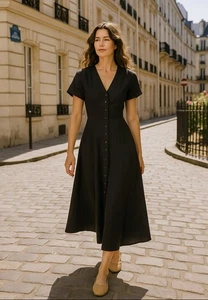 Vintage 90s 100% Linen Black Button Front Dress Tweeds Sz 4 Midi Minimalist - Picture 1 of 18