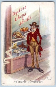 1908 OYSTERS CHOPS STEAKS SKINNY HOBO HAS INSIDE INFORMATION A S MEEKER POSTCARD - Imagen 1 de 2