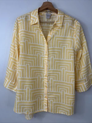 Blusa Chico’s Mujer’s 3 Amarillo Blanco Geométrico Lino Sin Hierro Abotonada Foto 1 de 4