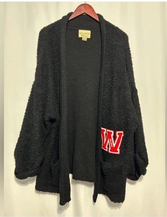 Wildfox 白色标签女式校队懒人莱特曼开衫毛衣 L 黑色 — 第 1/4 张图片