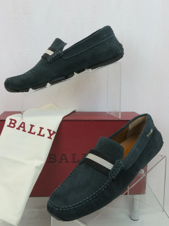 BALLY PEARCE OAK DARK GREEN SUEDE WEB LOGO DRIVING LOAFERS 8.5 D 41.5 ITALY