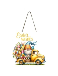 Easter Wishes Yellow Truck Handmade Wood Mini Small Sign - Picture 1 of 9