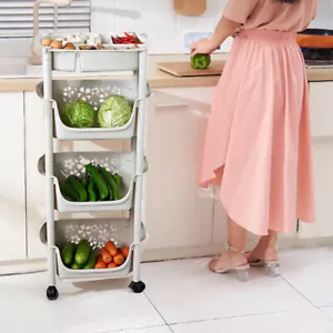 4 Tier Mobile Kitchen Storage Rack Veg Fruit Shelf Rack Storage Basket w/ Wheel - Picture 1 of 18