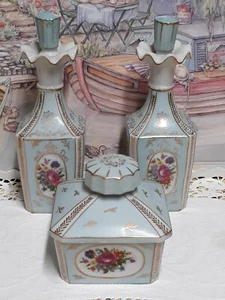 Vintage Hand Painted LIght Blue/Floral Perfume Bottles & Trinket Box Vanity Set - Picture 1 of 20