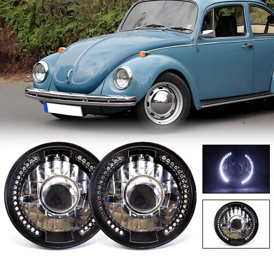 Pair 7" Inch Round LED Headlights White Halo DRL For VW Beetle 1950-1979 - Image 1 of 4