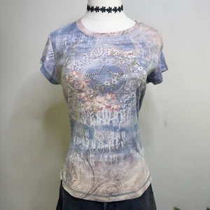 Vtg XCIT USA Blue Pink Floral Embellished Indie Fairy Boho Glam Grunge Y2K XL - Picture 1 of 6