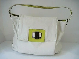 Kate Spade Antique White Leather Lime Yellow Trim Front Clasp Shoulder Bag - Picture 1 of 9