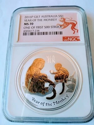 2016-P $1 Australia Year of the Monkey 1oz Gilded Silver NGC MS70  - Image 1 of 4