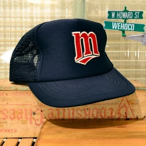 Vintage MLB Minnesota Twins Blue Snapback Mesh Trucker Hat "M" Logo - Picture 1 of 4