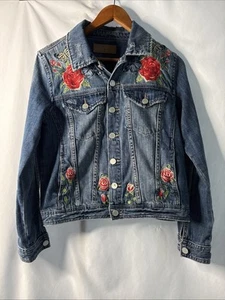 BlankNYC Denim Jean Jacket Womens S Embroidered Floral Boho Western Roses - Picture 1 of 12