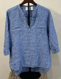 CHICO'S Damen Tunika Pullover 100% Leinen Blau Langarm Taschen V-Ausschnitt Gr. 2 - Bild 1 von 7