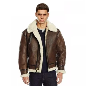 Men's Brown RAF Aviator B3 Bomber Real Leather Jacket Fur Shearling Winter - Picture 1 of 5