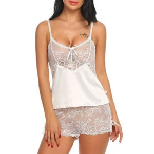 Womens Lace Cami Vest Shorts See Through Sexy Lingerie Pyjama Set Sleepwear Pjs - Picture 1 of 25