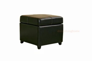 Schwarz Vollleder Quadrat Flip Top Aufbewahrung Würfel Ottomane Fuß Hocker Sitz - Bild 1 von 4