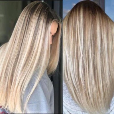 Full Lace Highlight Ash Brown with Blonde Human Hair Wig Straight Lace Wigs  - Image 1 of 4